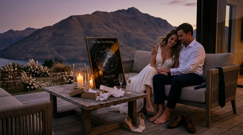 A bride and groom study a personalised wedding Night Sky star map print of their wedding night. A NZ-made wedding keepsake gift.
