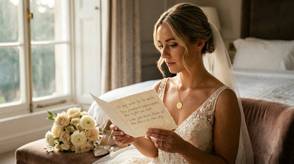A bride reads a story card in her suite beside a personalised Night Sky star map necklace of her wedding night. A NZ-made wedding keepsake gift.