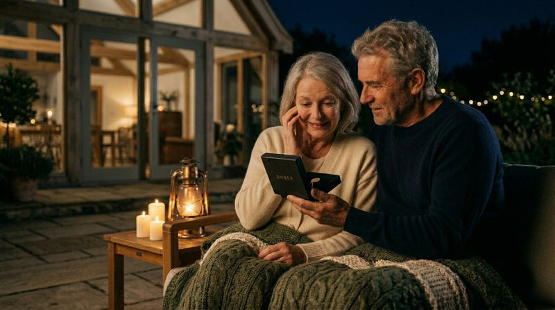 A couple sit outdoors under the stars wearing a personalised Night Sky star map bracelet. A NZ-made anniversary keepsake gift.