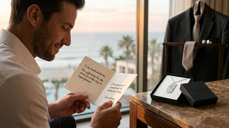 A groom reads a wedding card in his suite with a personalised Night Sky star map tag necklace. A NZ-made wedding keepsake gift for him.