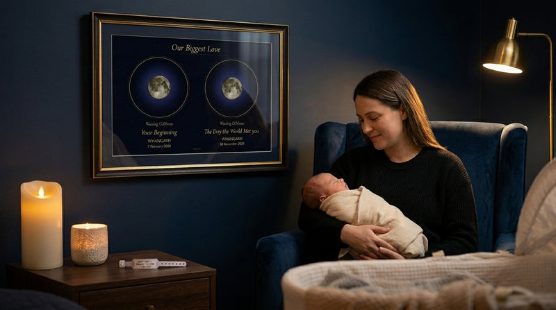 A mother holds her sleeping newborn beside a personalised Babies First Moon print of the moon on the night they were born. A NZ-made new baby keepsake gift.