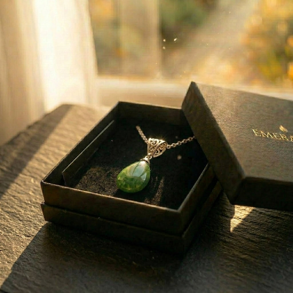 Pounamu teardrop pendant on silver chain, resting in open EMBER box on warm timber, soft afternoon light through window. A beautiful EMBER gift box. Perfect for when you are buying a gift for someone that has everything