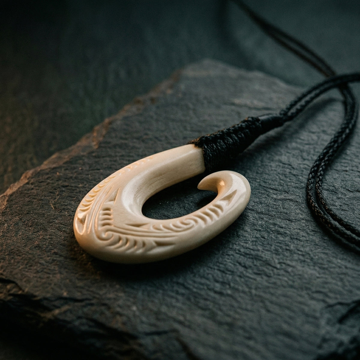 Carved bone hei matau pendant on black woven cord, resting against dark slate with soft natural light and traditional Māori koru patterns. A considered NZ-made gift for someone meaningful — unique jewellery that carries cultural weight.