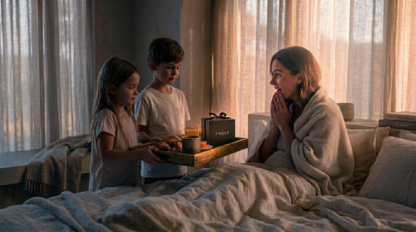 Mother's Day gifts NZ — children carrying a breakfast tray to mum, considered gifting from Aotearoa