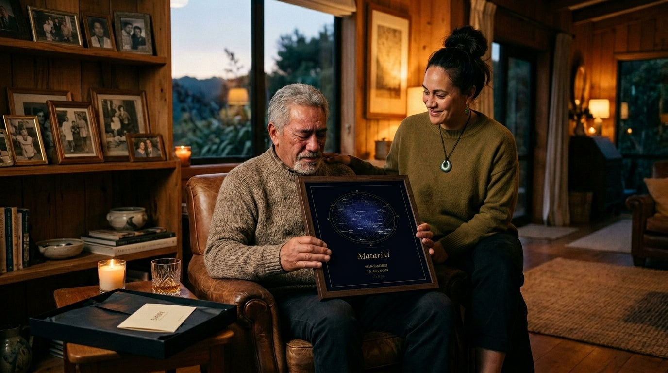 Matariki gifts NZ — daughter gifting her father a Night Sky personalised star map print