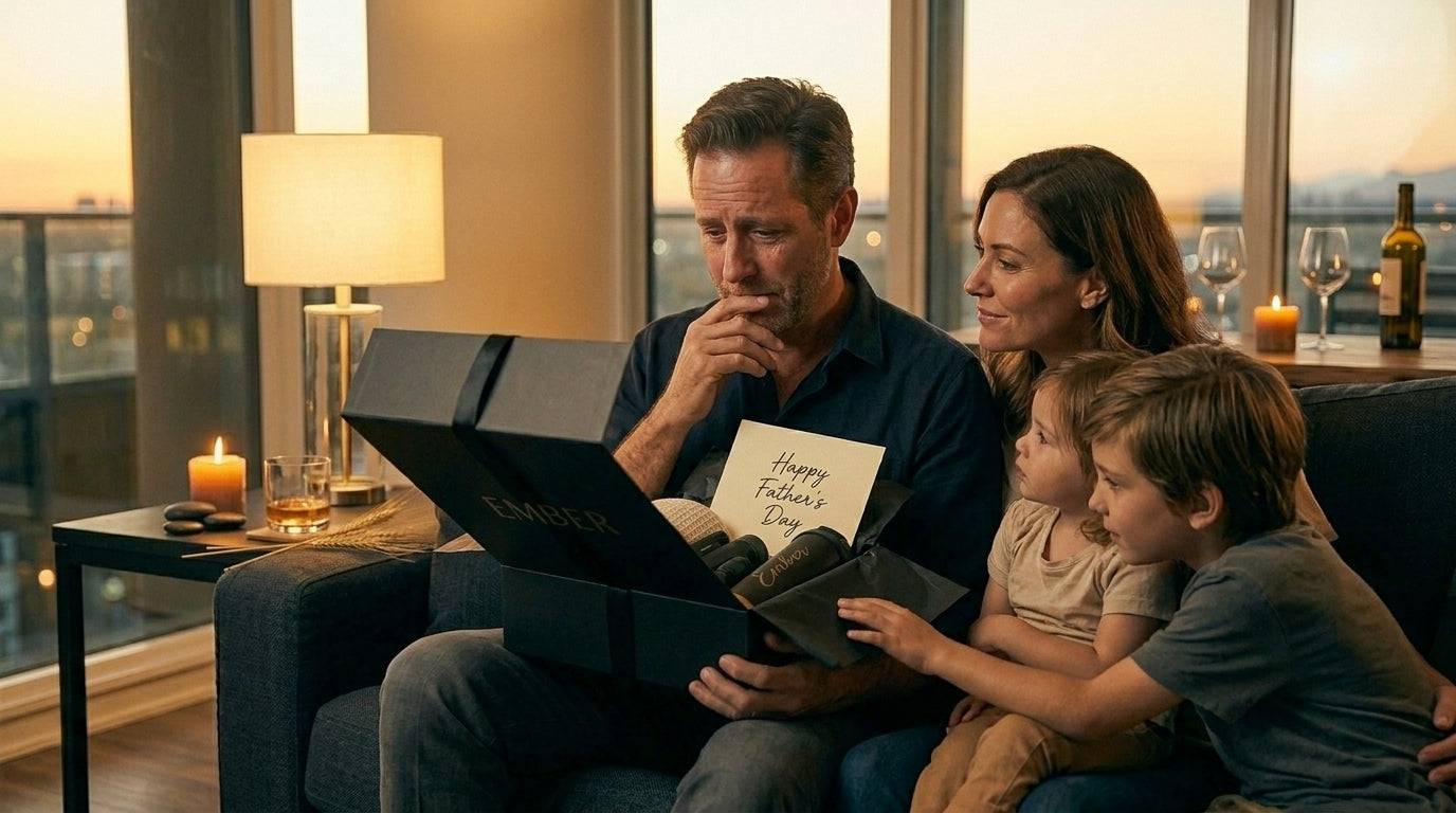 Father's Day gifts NZ — father opening an EMBER gift box, considered NZ-made gifting