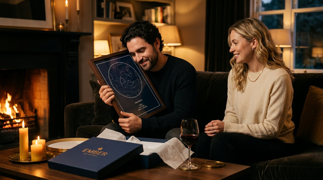 Anniversary gifts NZ — man watching his partner react to an EMBER personalised print