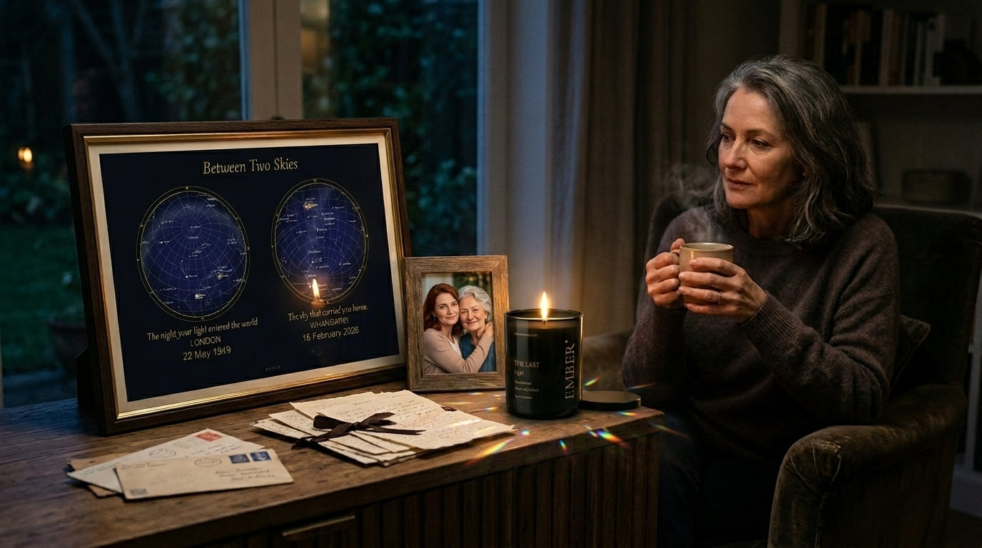 Sympathy gifts NZ — quiet considered gifting from Aotearoa, woman with a mug beside an EMBER print