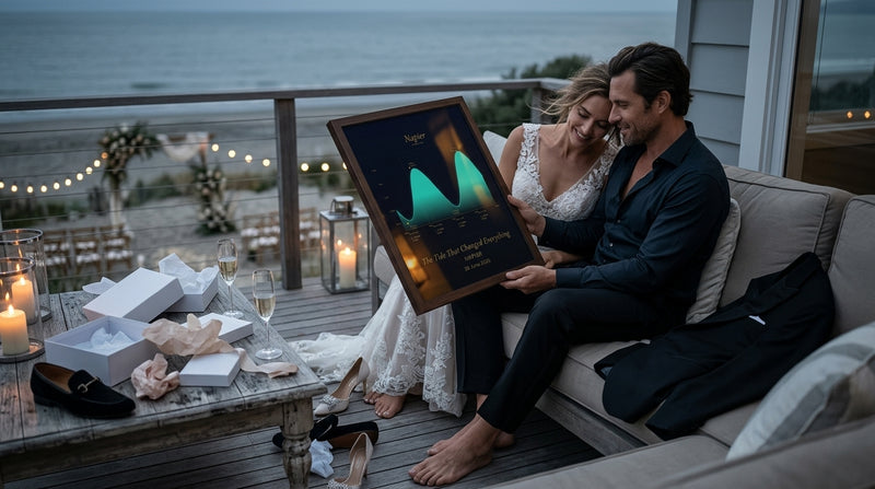 A couple study a personalised Tide Chart print of the real tide on a meaningful day at a NZ coast. A NZ-made coastal keepsake gift from Aotearoa.