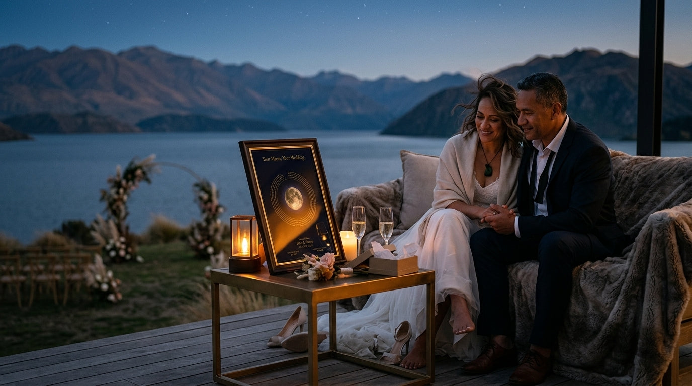A bride and groom study a personalised wedding Moon print of the moon on their wedding night. A NZ-made wedding and engagement keepsake gift.