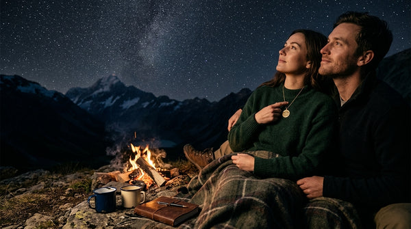 A couple by a campfire on a mountain ridge wear personalised Night Sky star map necklaces. A NZ-made anniversary and engagement keepsake gift.