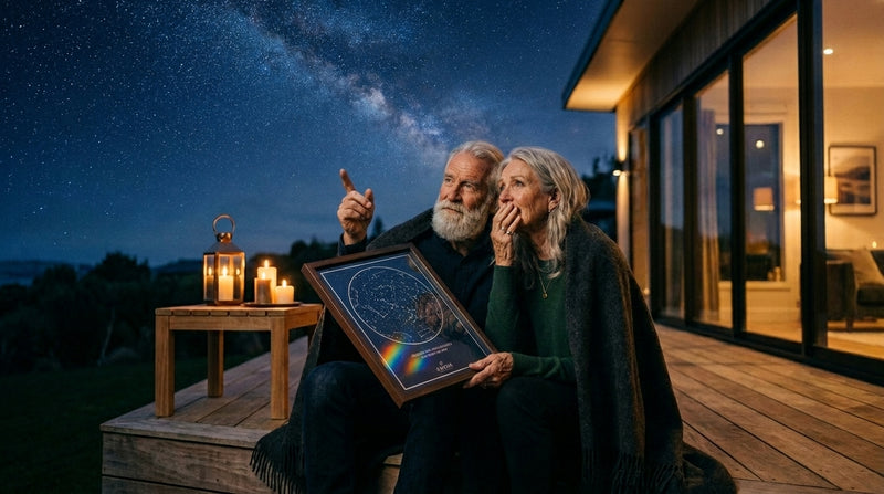 A couple compare a personalised Night Sky star map print of the night they met. EMBER Forever Prints are NZ-made anniversary and wedding keepsake gifts.