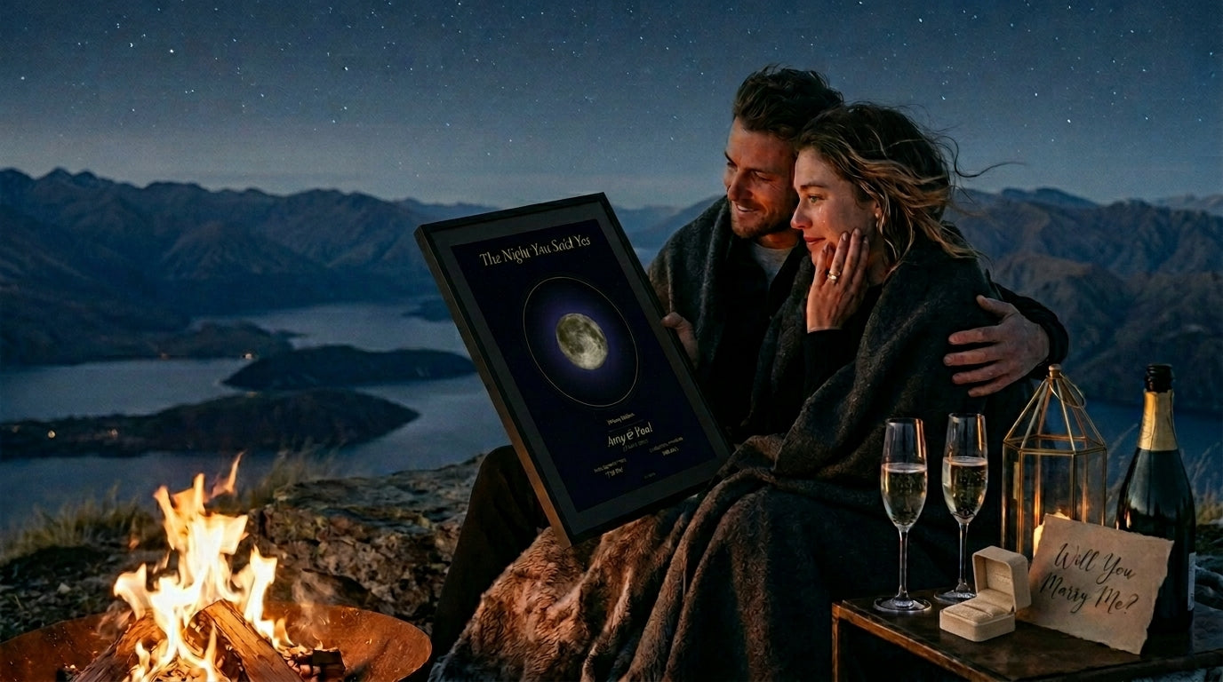 Couple by a campfire with a scenic view, holding a framed photo of a moonlit night.