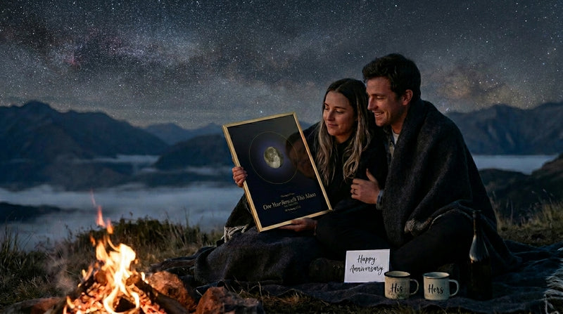 A couple study a personalised Moon Phase print showing the exact phase of the moon on a meaningful night. A NZ-made anniversary and wedding keepsake gift.