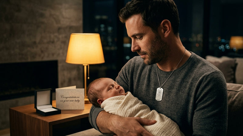 A father holds his sleeping baby wearing a personalised Night Sky star map necklace. A NZ-made gift for the night you became Dad.