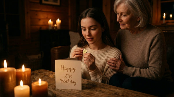 A grandparent and granddaughter share a personalised Night Sky star map necklace by candlelight. A NZ-made 21st birthday keepsake gift.