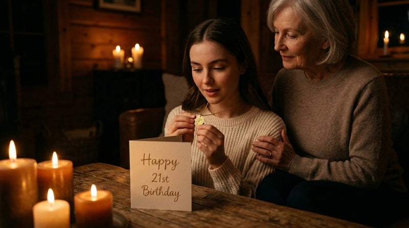 A grandparent and granddaughter share a personalised Night Sky star map necklace by candlelight. A NZ-made 21st birthday keepsake gift.