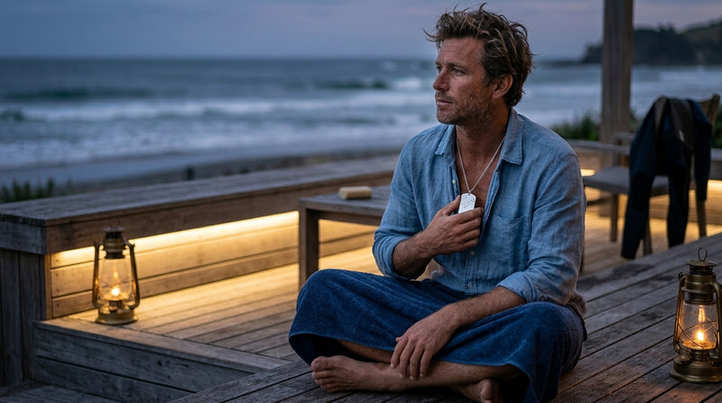 A man on a NZ coast wears a personalised Night Sky star map tag necklace after a surf. A NZ-made keepsake gift for him.