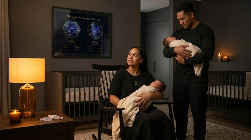 Māori parents hold their newborn twins beneath a personalised Babies First Night Sky print. A NZ-made new baby keepsake gift from Aotearoa.