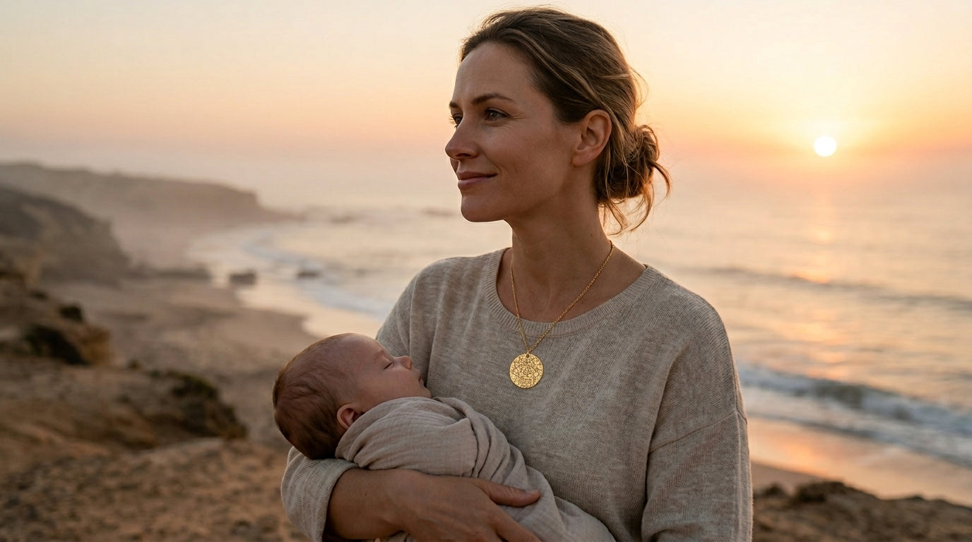 A mother holds her baby beside the sea wearing a personalised Night Sky star map necklace. A NZ-made new mum keepsake gift.