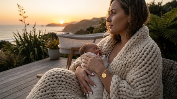 Personalised Night Sky star map coin bracelet engraved with the sky that welcomed your baby, in silver, gold or rose gold. A NZ-made new baby keepsake gift from EMBER, Aotearoa.
