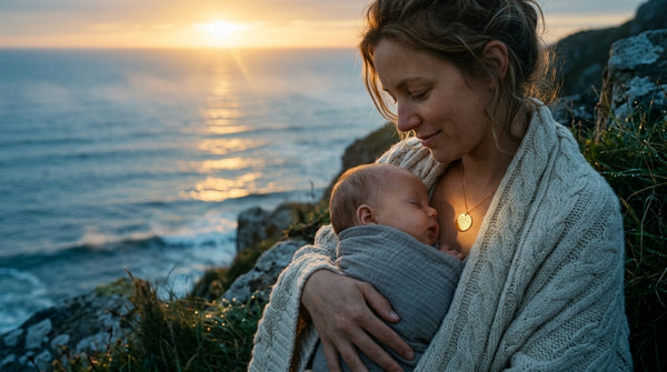 A mother cradles her sleeping newborn at golden hour wearing a personalised Night Sky star map necklace. A NZ-made new baby keepsake gift.