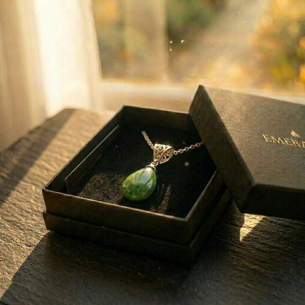 Pounamu teardrop pendant on silver chain, resting in open EMBER box on warm timber, soft afternoon light through window. A beautiful  EMBER gift box. Perfect for when you are buying a gift for someone that has everything