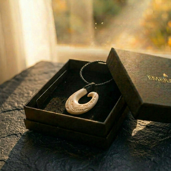 The Hook — carved bone hei matau (fish hook) pendant on woven cord from Aotearoa, a symbol of strength and safe passage. A considered NZ-made cultural keepsake gift, presented in an EMBER box.