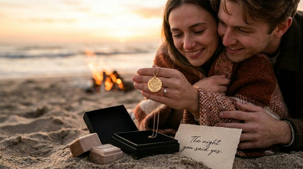 A woman by a beach campfire wears a personalised Night Sky star map necklace of her engagement night. A NZ-made engagement keepsake gift.
